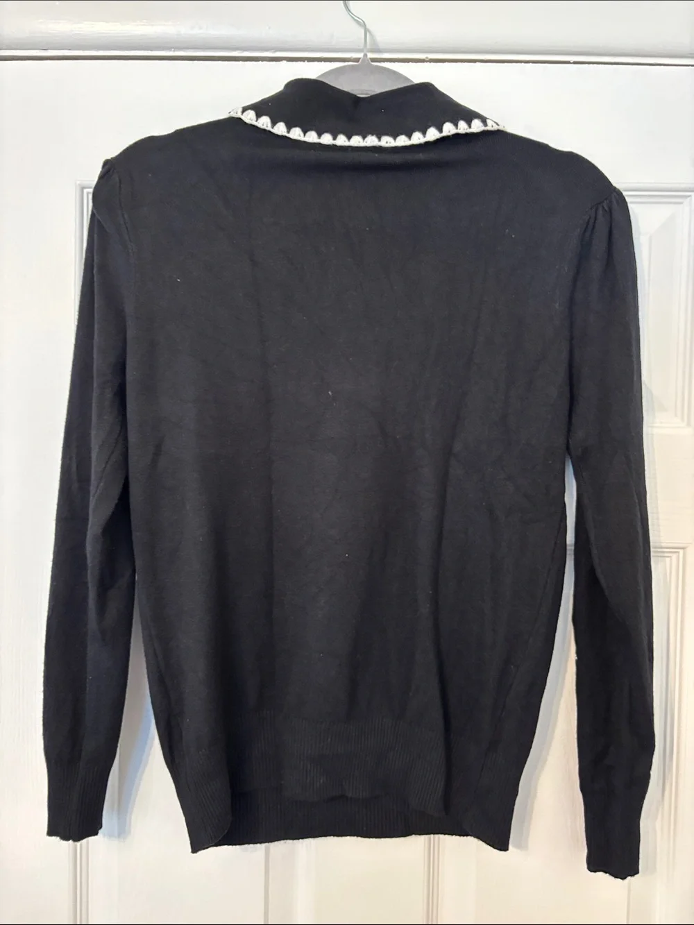 Aaeda Black Crewneck Sweater with White Embroidered Peter Pan Collar